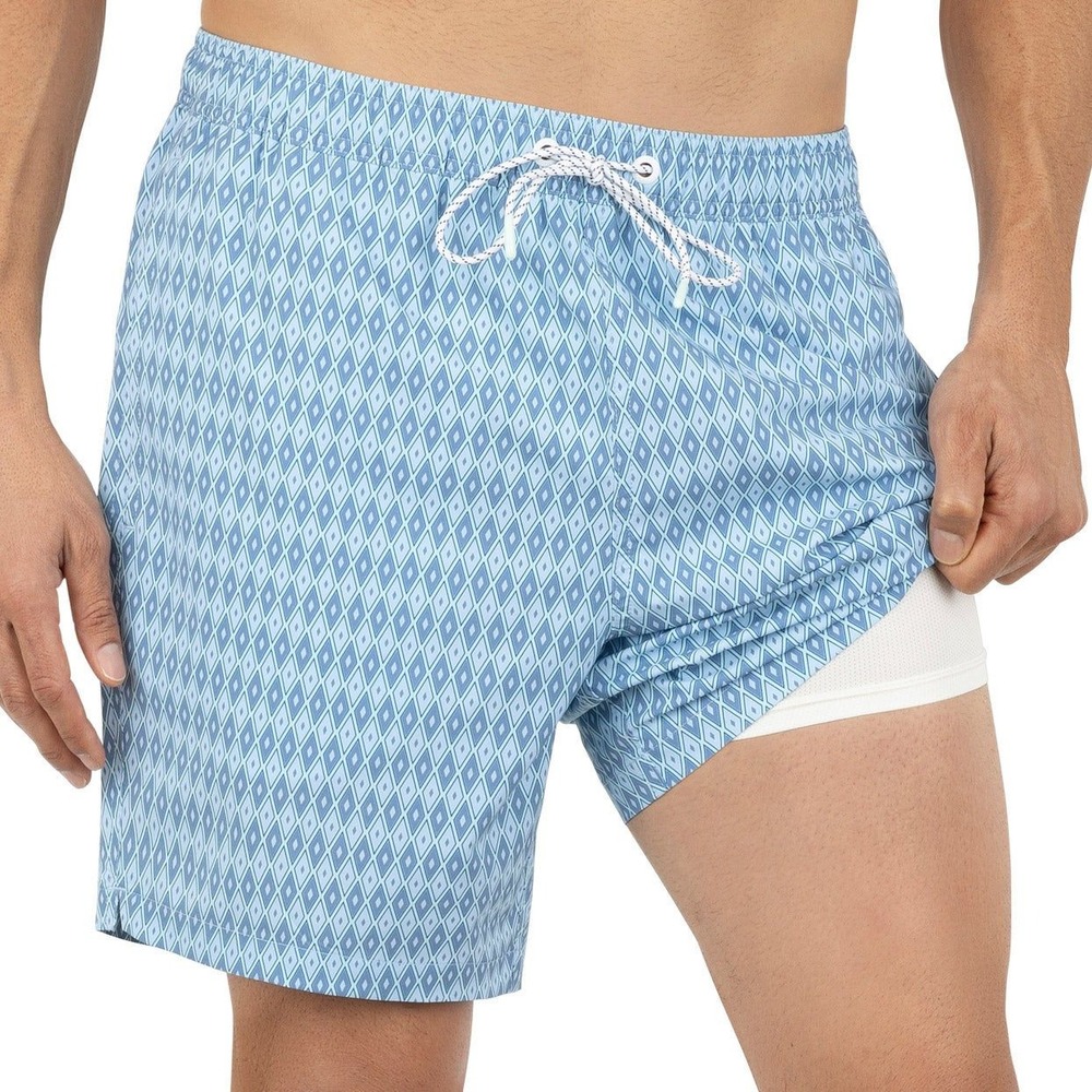 BONOBOS Blue Diamond Print Hybrid Swim Shorts XXL Quick Dry Swim Trunks 2XL NWT